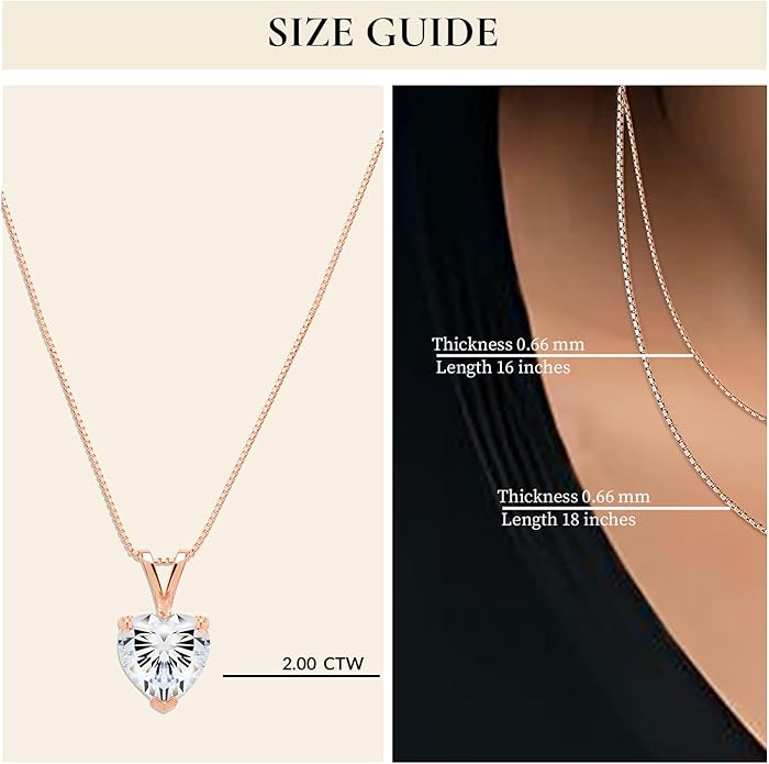 Everyday Elegance Solid 14K Gold Cubic Zirconia Solitaire Pendant Necklace for Women Heart, Princess, Round, Oval, Emerald, Pear & Cushion Cut 1 or 2 CTW | .60mm Thick 16" 18" Length Box Link Chain