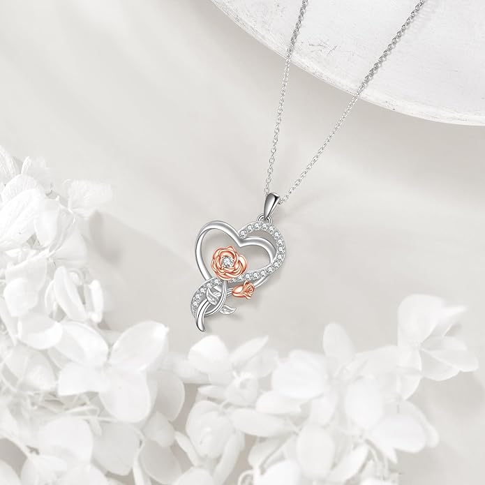 Tulip Sunflower Rose Lily of the Valley Sterling Silver Flower Heart Pendant Necklace Gifts for Women Mother Flower Lover