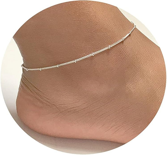Dainty Ankle Bracelets for Women 18K Gold Plated Satellite Beaded Herringbone Chain Anklets Simple Lip Chain Anklet Minimalist Summer Beach Foot Jewelry Christmas