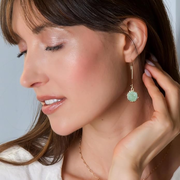 Simulated Druzy Threader Drop Earrings for Women - Gold, Silver, or Rose Gold Tone Trendy Boho Dangles with Sparkly Round Stone