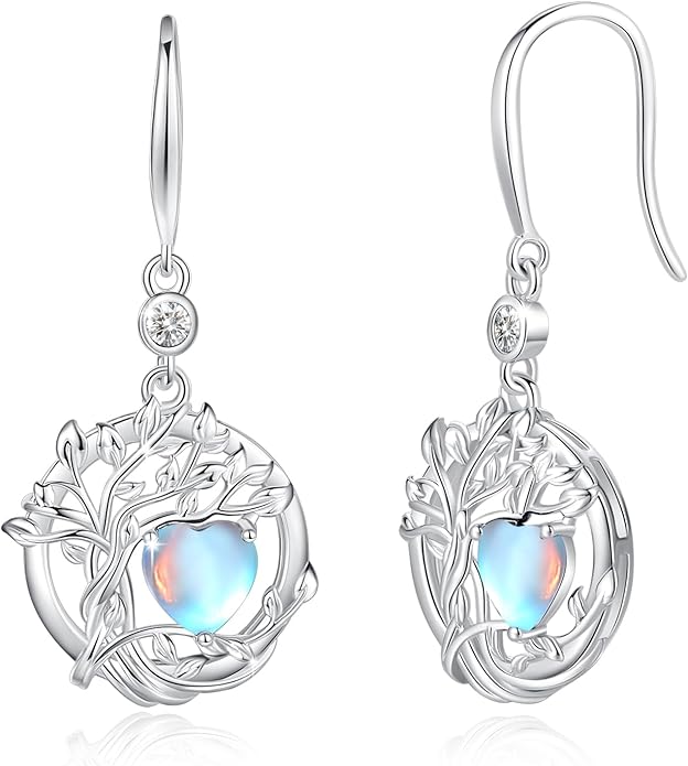 FANCIME Tree of Life Dangle Drop Earrings 925 Sterling Silver Dainty Round Gemstone Birthstone Earring Fine Jewelry Birthday Christmas Gifts for Her Women