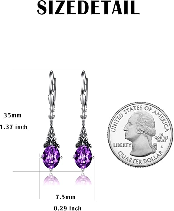 AOBOCO Vintage Earrings for Women Sterling Silver Retro Drop Dangle Leverback Earrings with 8x6mm Oval Genuine or Simulated Birthstone Crystal from Austria, Anniversary Jewelry Gifts for Her Women