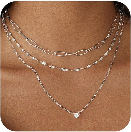 Layered Gold Necklace for Women Trendy 14K Gold Plated Heart CZ Pendant Layered Gold Necklaces Set Coin Choker Necklaces Simple Circle Cubic Zirconia Pearl Necklace Stack Herringbone Paperclip Chain Jewelry Set
