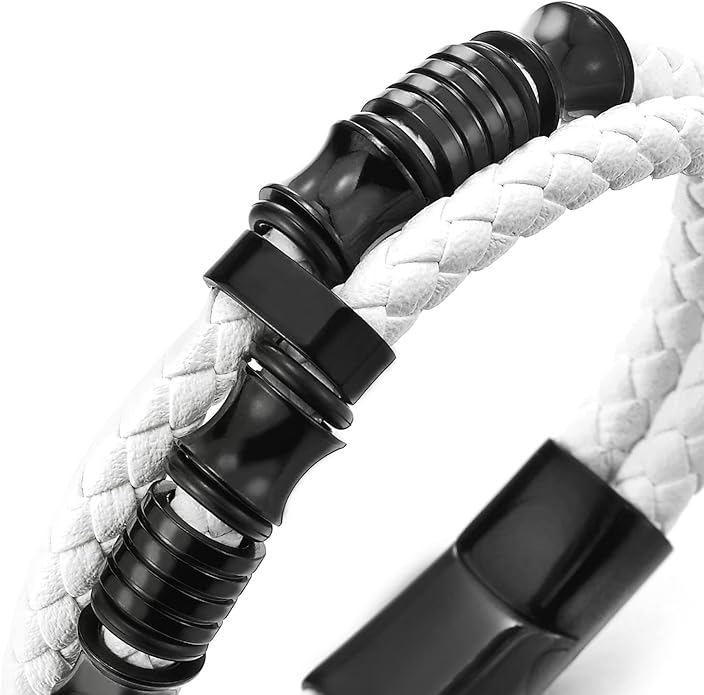 COOLSTEELANDBEYOND Mens Double-Row Braided Leather Bracelet Bangle Wristband with Stainless Steel Ornaments