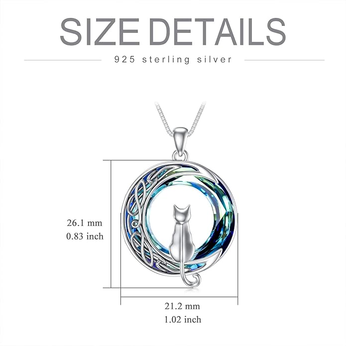 TOUPOP Christmas Cat Gifts for Cats Lovers One Two Three Four Cats Necklace Sterling Silver Cats on the Moon Pendant Necklace with Blue Circle Crystal Birthday Christmas Celtic Jewelry Gifts for Women