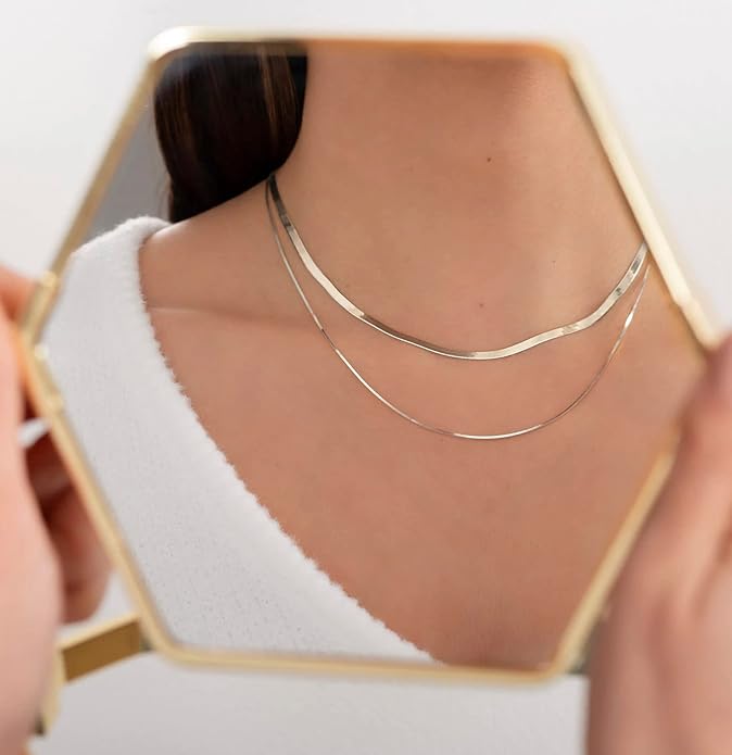 Tewiky Layered Necklaces for Women Non Tarnish- Chunky 14k Gold Plated Herringbone/Snake/Rope/Box/Cuban Link Chain for Women Waterproof Layering Stack Choker Necklace Trendy Dainty Tarnish Free Jewelry Set