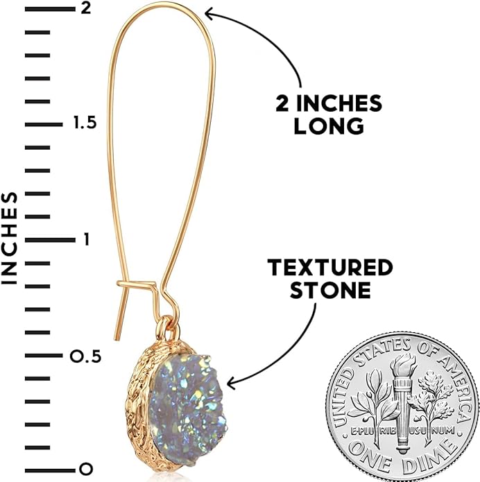 Simulated Druzy Threader Drop Earrings for Women - Gold, Silver, or Rose Gold Tone Trendy Boho Dangles with Sparkly Round Stone