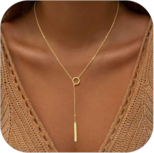 Lariat Necklace for Women, Dainty 14K Gold/Silver Plated Long Necklaces for Women Trendy Simple Layered Y-Shaped Drop Pendant Necklace Adjustable Gold Jewelry Gifts For Her Christmas Stocking Stuffer