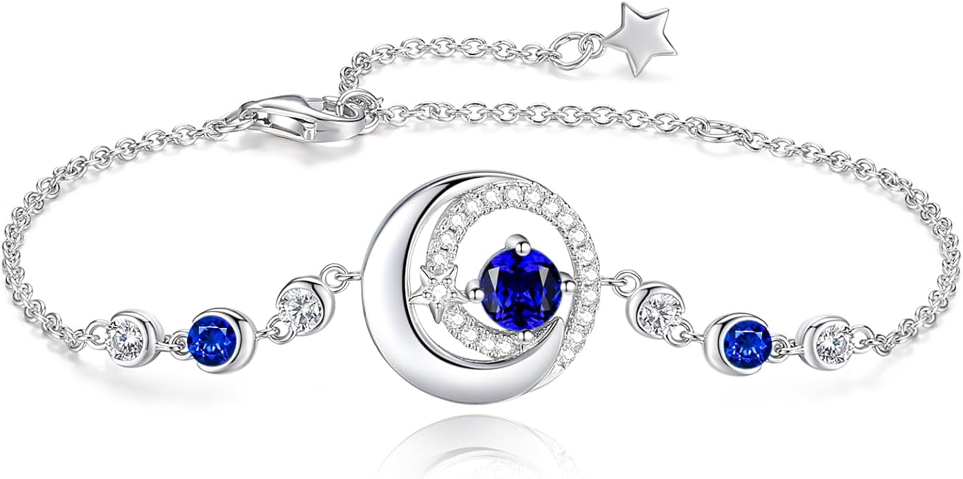 FANCIME Birthstone Bracelets 925 Sterling Silver Moon and Star Bangle Charm Bracelet Fine Jewelry Birthday Anniversary Christmas Day Gift for Her Women, Adjustable Chain 6.7"+1.2" Extend