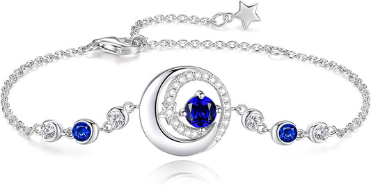 FANCIME Birthstone Bracelets 925 Sterling Silver Moon and Star Bangle Charm Bracelet Fine Jewelry Birthday Anniversary Christmas Day Gift for Her Women, Adjustable Chain 6.7"+1.2" Extend