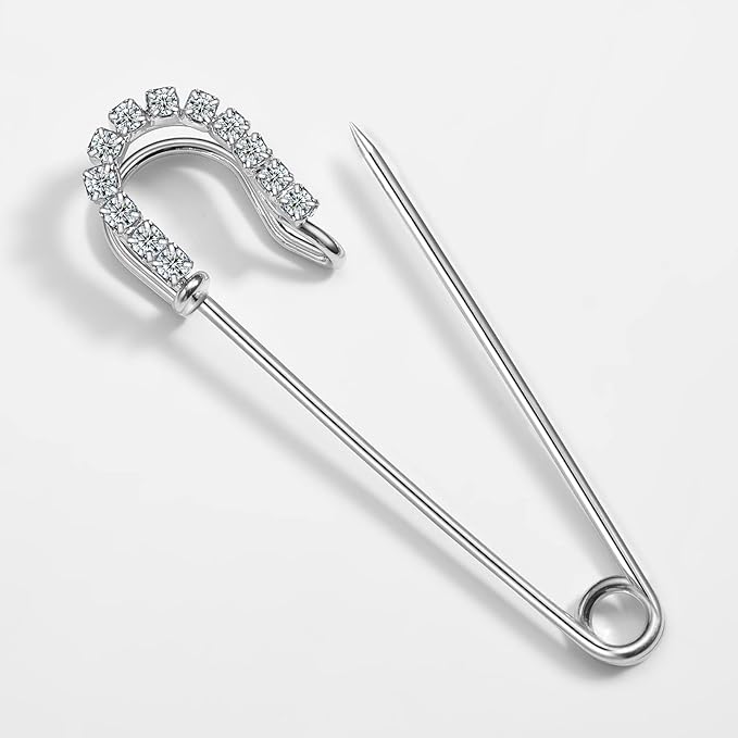 Housweety 10 Silver Tone Rhinestone Safety Pins Brooches 6.5x1.8cm