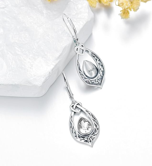 Celtic Knot Dangle Earrings 925 Sterling Silver Oxidized Vintage Drop Leverback Earrings with 8 * 6mm Simulated Birthstone Crystal Christmas Jewelry Gifts for Women (Gift Box)