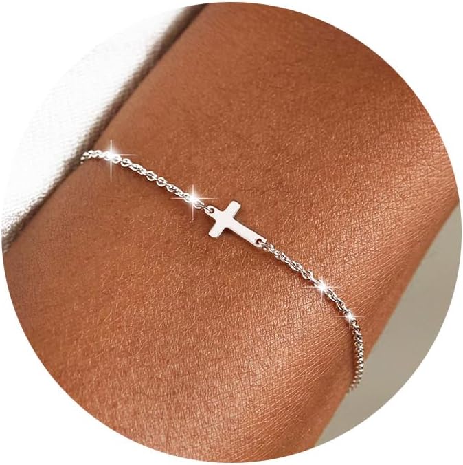 Moodear Christmas Gifts Sotcking Stuffers, Dainty 925 Sterling Silver/14k Gold Plated CZ Cross Bracelet Layered Snake Pearl Chain Knot Bracelets for Women Trendy Religious Christian Jewelry
