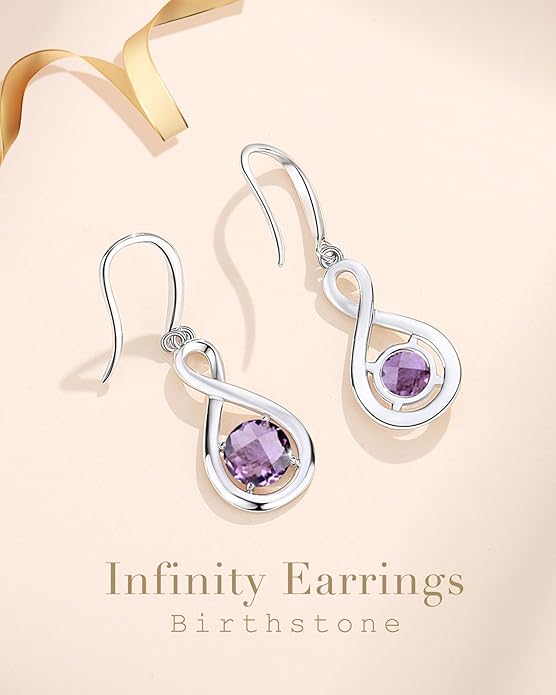 FANCIME Dangle Drop Earrings 925 Sterling Silver Dainty Infinity Round Gemstone Birthstone Jewelry Birthday Gifts for Her Women