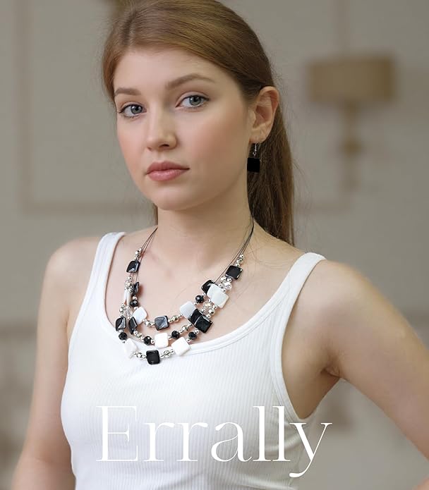 Layered Beaded Statement Necklaces for Women Square Shell Bead Collar Necklace and Earring Set Birthday Gifts Boho Jewelry Sets for Women