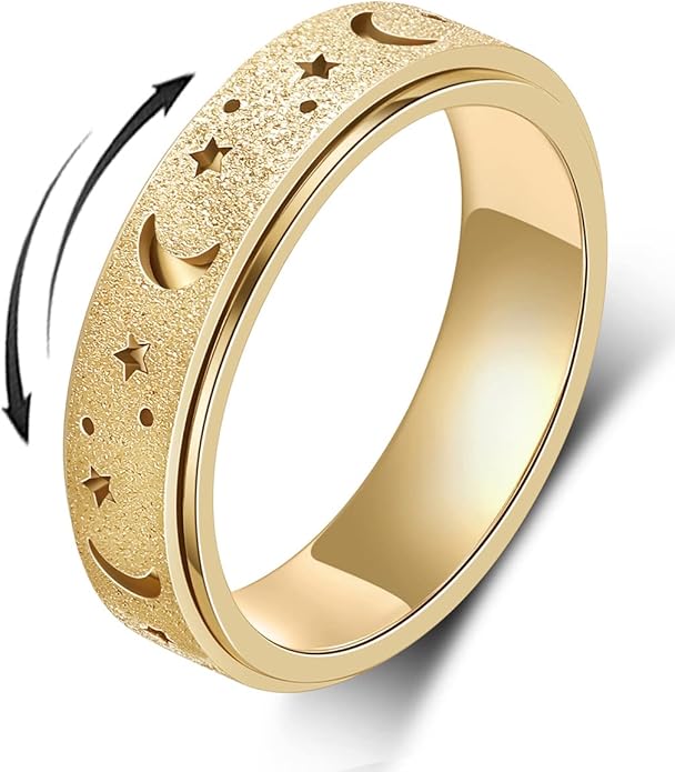 AmorArtSky Anxiety Ring for Women Men, Titanium Stainless Steel Spinner Ring, 5 Colors, 6MM, Size 6-10, 3 Styles Anxiety Ring-Moon Star, Sandblasted Finished, Hollow Outer