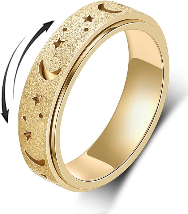 AmorArtSky Anxiety Ring for Women Men, Titanium Stainless Steel Spinner Ring, 5 Colors, 6MM, Size 6-10, 3 Styles Anxiety Ring-Moon Star, Sandblasted Finished, Hollow Outer