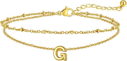 FaithHeart Initial Ankle Bracelets for Women, Waterproof 14k Gold Plated Initial Anklets Non Tarnish Stainless Steel Layered Anklet Summer Beach Foot Jewelry