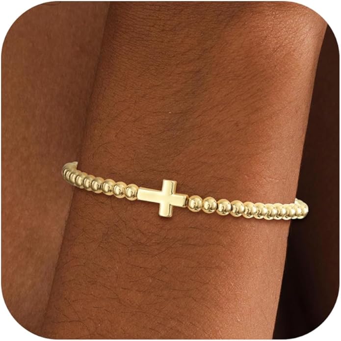 Beaded Bracelet for Women Trendy Stretch Handmade Ball Charm Bracelet Dainty Cross Heart Bow Wave CZ Stackable Jewelry Charm Gifts for Her