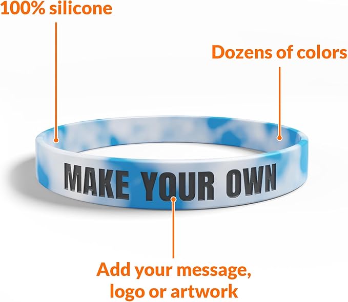 Custom Wristbands For Events, Fundraisers & Promotions | Add Text, Icons, & Logos | Bulk Rubber Bracelets | Classic 1/2” | 100% Silicone