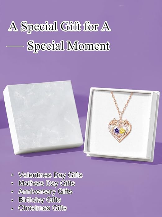 JIYVY32 Rose Heart Necklace for Women Exquisite 925 Sterling Silver Anniversary Birthday Gifts for Wife Mom Her Double Birthstone Pendant Jewelry