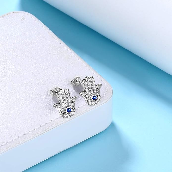 Evil Eye Necklace Evil Eye Hamsa Hand of Fatima Necklace 925 Sterling Silver Fine Jewelry Gifts for Womens White Blue CZ Third Eye Stud Earrings Turkish Eye Ring Hamsa Hand Jewelry Set Gifts Valentine Day Chrismtas Gifts