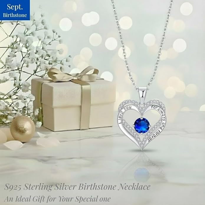 Birthstone Heart Necklace for Women Wife Girlfriend Mom Daughter Gifts S925 Silver Jewelry For Anniversary Rose Gold Gifts For Birthday Christmas Mothers Valentines Day