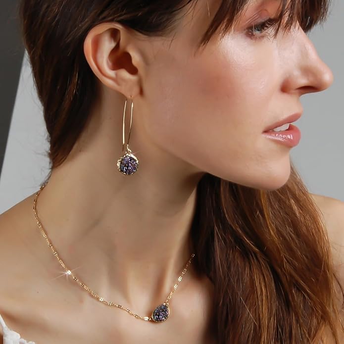 Simulated Druzy Threader Drop Earrings for Women - Gold, Silver, or Rose Gold Tone Trendy Boho Dangles with Sparkly Round Stone