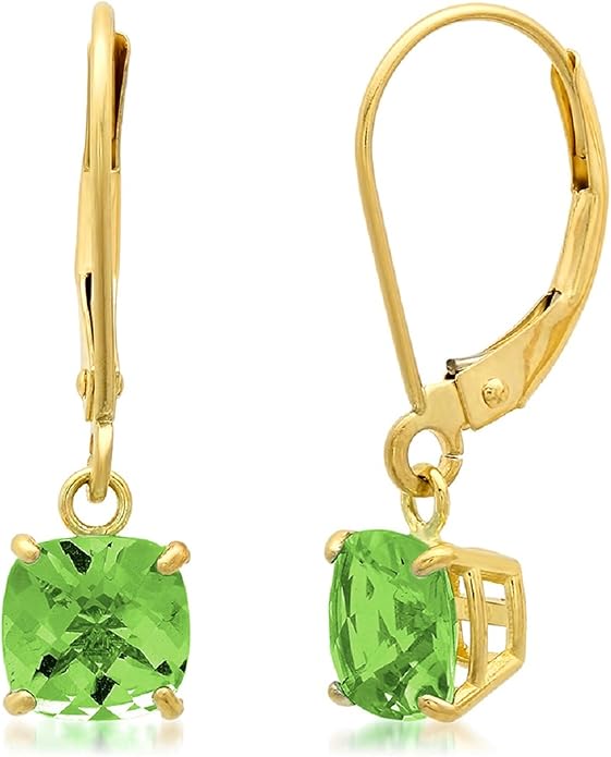 Solid 10K Gold Cushion Cut Dangle Gemstone Earrings for Women | 6mm Gemstone Birthstone Earrings | Checkerboard 10 Karat Gold Dangle Drop Leverback Earring for Women by MAX + STONE
