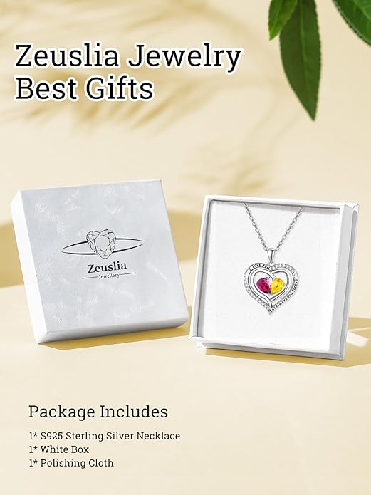 Zeuslia Double Birthstone Necklace Gifts for Wife - 925 Sterling Silver Sunflower/Rose/Crown Cross/Compass/Heart Pendant I Love You Necklace, Anniversary Birthday Gifts for Wife Girlfriend Mom Her