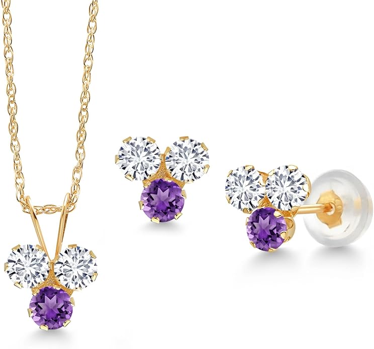 Gem Stone King 14K Yellow Gold White Lab Grown Diamond and Purple Amethyst 3 Stone Pendant and Earrings Jewelry Set For Women (0.90 Cttw, Round 3MM, with 18 Inch Chain)