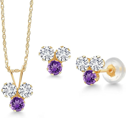 Gem Stone King 14K Yellow Gold White Lab Grown Diamond and Purple Amethyst 3 Stone Pendant and Earrings Jewelry Set For Women (0.90 Cttw, Round 3MM, with 18 Inch Chain)