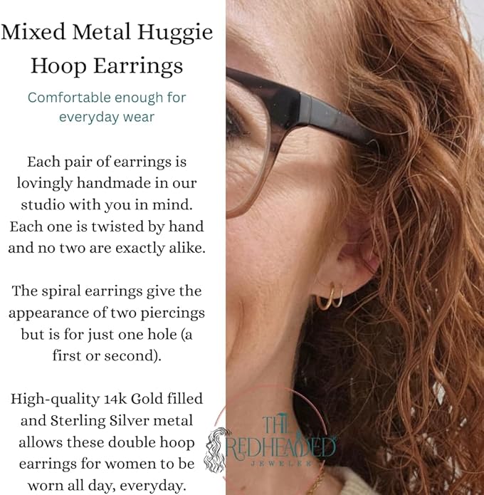 Handmade TINY Huggie Mixed Metal Twist Loop Earrings Double Hoop for Single Piercing Sterling Silver & Gold Earrings for Women Spiral