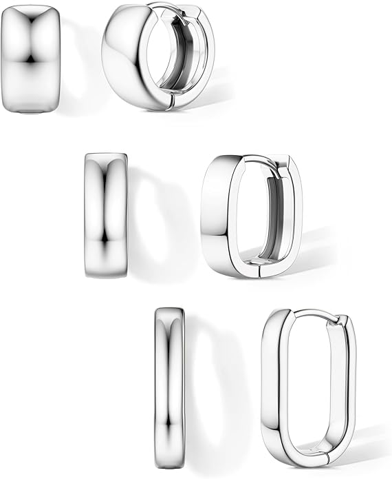 Florideco 3Pairs Chunky Gold Earrings Set 14K Gold Plated Hoop Earrings for Women Trendy Small Thick Huggie Hoops Earring Lightweight Silver Hoop Earring Sets for Multiple Piercing