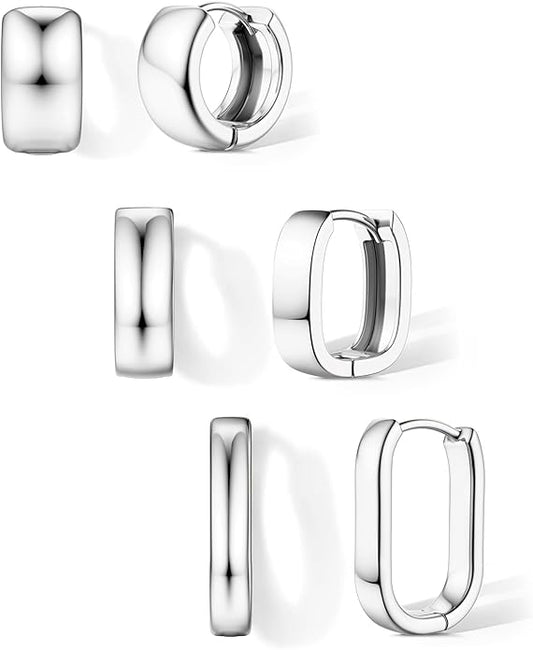 Florideco 3Pairs Chunky Gold Earrings Set 14K Gold Plated Hoop Earrings for Women Trendy Small Thick Huggie Hoops Earring Lightweight Silver Hoop Earring Sets for Multiple Piercing