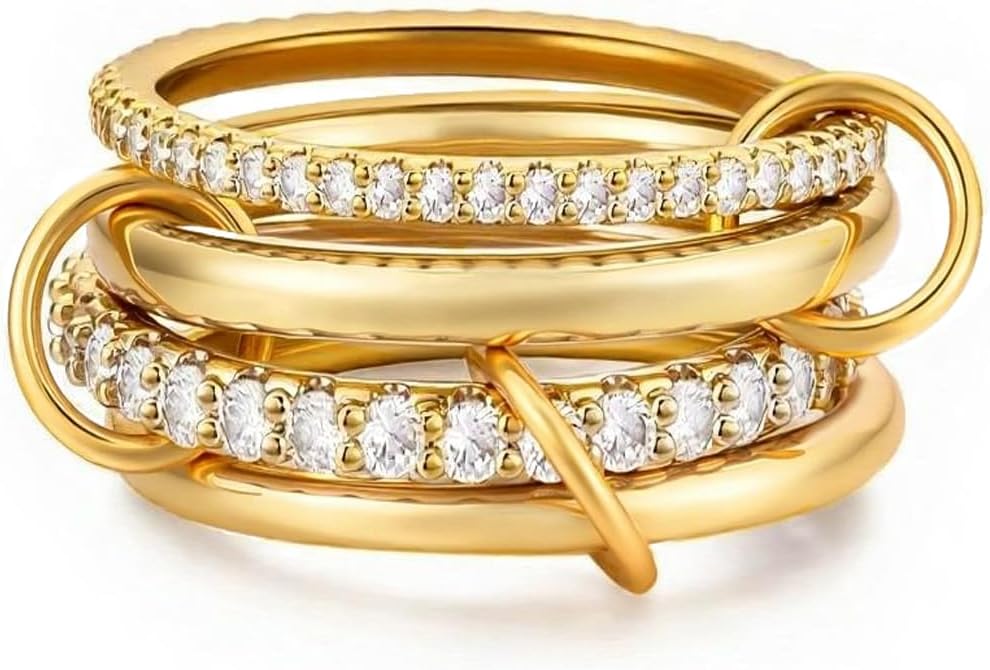Canboer 14K Gold Plated Interlocked Stackable Rings for Women Non Tarnish,Gold and Silver Cubic Zirconia Statement Rings Set,Mixed Metals Ring Two-Toned Connected Bands Stacking Jewelry