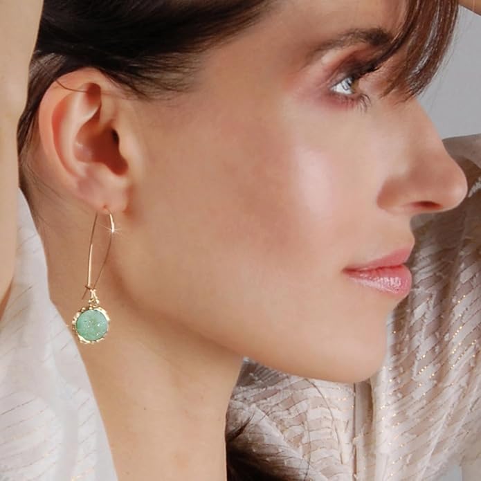 Simulated Druzy Threader Drop Earrings for Women - Gold, Silver, or Rose Gold Tone Trendy Boho Dangles with Sparkly Round Stone