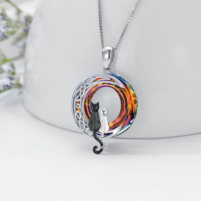 TOUPOP Christmas Cat Gifts for Cats Lovers One Two Three Four Cats Necklace Sterling Silver Cats on the Moon Pendant Necklace with Blue Circle Crystal Birthday Christmas Celtic Jewelry Gifts for Women