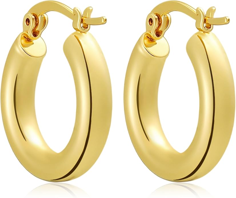 Hoop Earrings for Women, 18K Gold Plated Hoops Earrings, Hypoallergenic Lightweight Comfort Hollow Tube Hoops with Secure Push Lock, Chunky and Sleek Gold Hoops Large Earrings 20/30/40/50/60MM