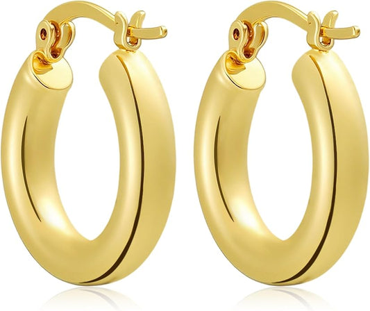 Hoop Earrings for Women, 18K Gold Plated Hoops Earrings, Hypoallergenic Lightweight Comfort Hollow Tube Hoops with Secure Push Lock, Chunky and Sleek Gold Hoops Large Earrings 20/30/40/50/60MM
