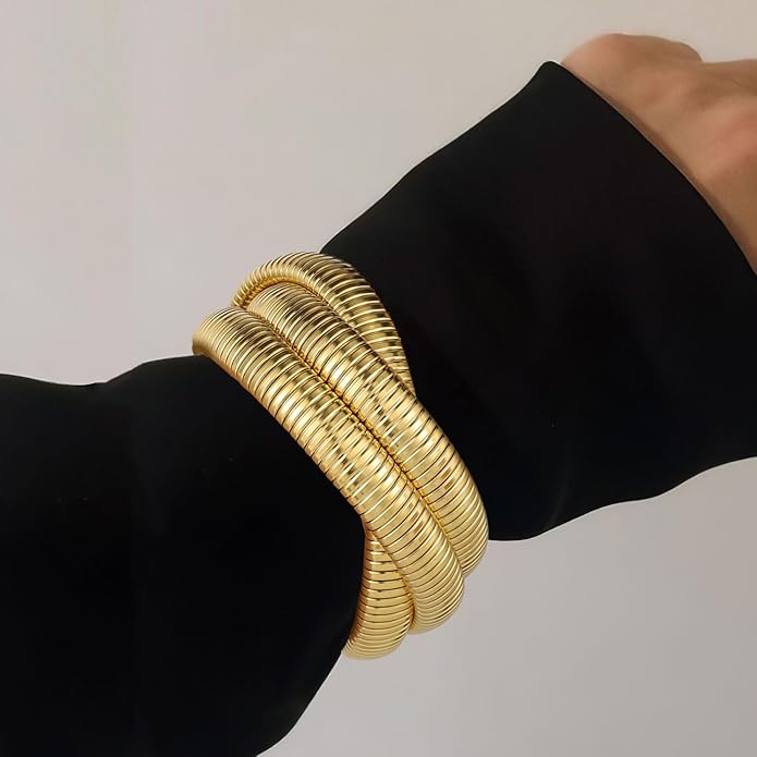 Emibele Gold Bangles Bracelet Set for Women, 18K Gold Plated Chunky Stainless Steel Non Tarnish Stretch Bracelet Stack, Flexible Wide Wristband Bangle Layered Snake Chain Bracelets