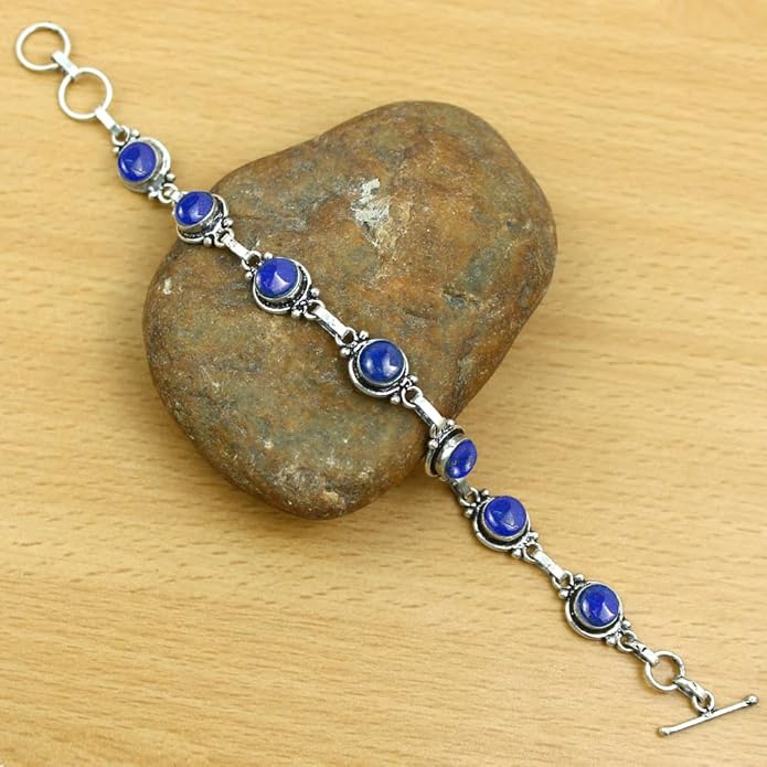 Round Shape Natural & Synthetic Gemstones Silver Plated Bracelets for Women - Vintage Bohemian Style Handmade Birthstone Adjustable Link Bracelet Jewelry Gifts for Wedding Anniversary Mother's Day