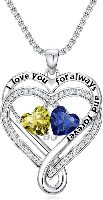 I Love You for Awlays and Forever Double Heart Necklace with Birthstone, 2 Birth Stone Jewelry Anniversary Valentines Mothers Day Christmas Birthday Gifts for Women Her Wife Girlfriend Mom Mother