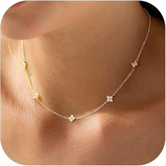 Yoosteel Dainty Gold-plated Clover Pearl Heart Butterfly Star flower Choker Necklace for Women - 14K Gold Plated Cubic Zirconia Pendant Station Necklaces for Women Teens Trendy Prom Jewelry Gifts