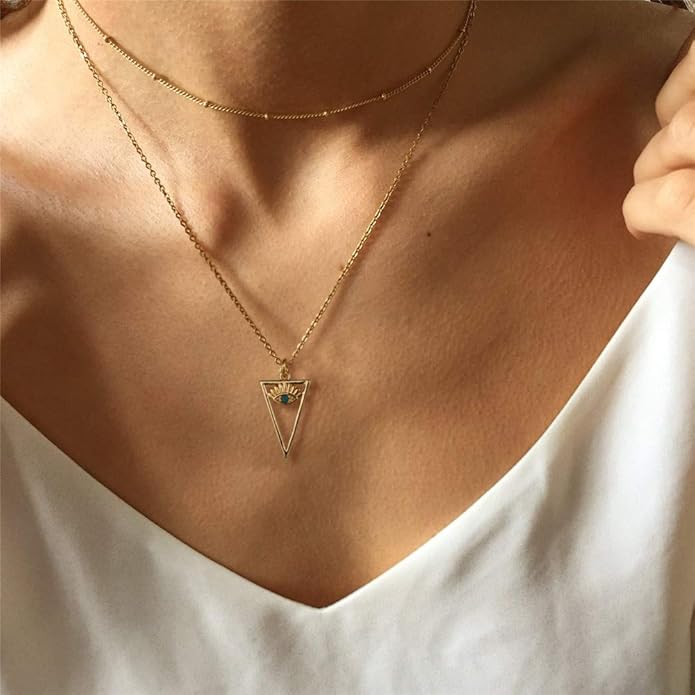 Turandoss Dainty Layered Choker Necklace, Handmade Y Pendant Necklace Multilayer Bar Disc Necklace Adjustable Layering Choker Necklaces for Women