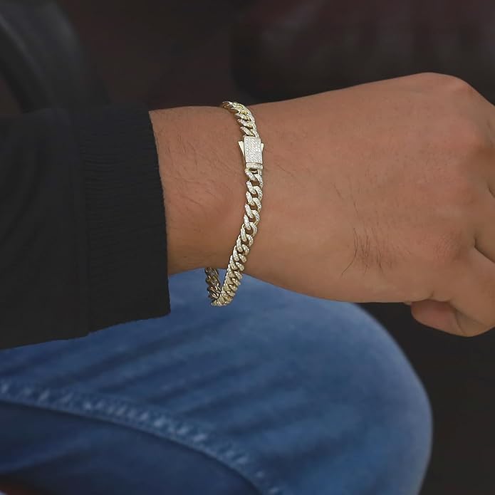 SAVEARTH DIAMONDS Round Lab Created Moissanite 6MM Width Cuban Chain Bracelet For Men In 14k Gold Plated 925 Sterling Silver (VVS1 Clarity, 2.70 Ct-3.00 Ct), Gift For Him