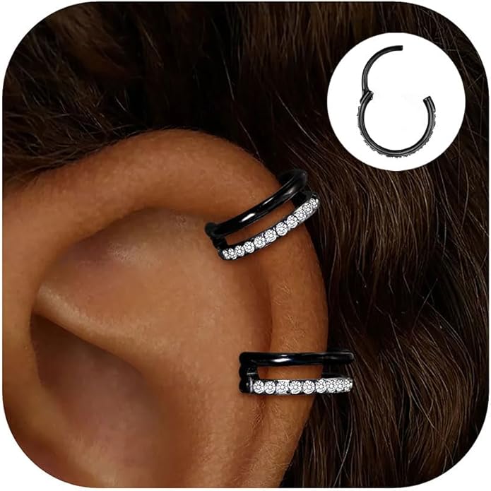 2 PCS Small Cartilage Double-Hoop Helix Conch Piercing Earrings With Cubic Zirconia For Women Trendy 14K Gold Plated Titanium Surgical Stainless Steel Sets Jewelry