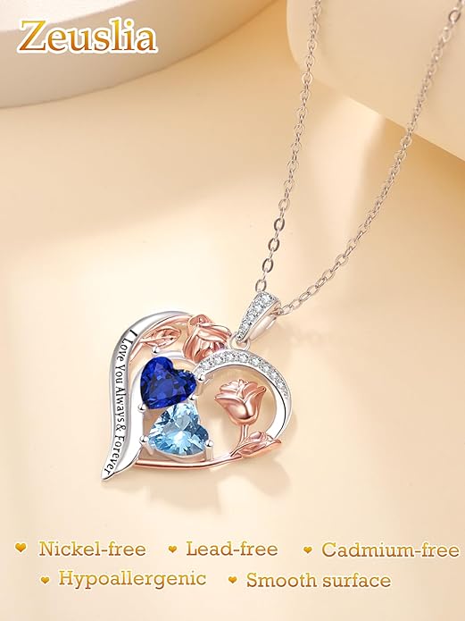 Zeuslia Double Birthstone Necklace Gifts for Wife - 925 Sterling Silver Sunflower/Rose/Crown Cross/Compass/Heart Pendant I Love You Necklace, Anniversary Birthday Gifts for Wife Girlfriend Mom Her