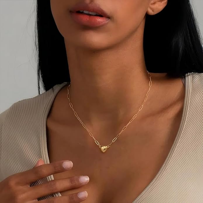 Tewiky Cute Heart Necklace Tiny 14k Gold Heart Pendant Choker Necklaces Small Gold Love Open Heart Chain Necklace for Women Dainty Gold Necklace Gifts for Her