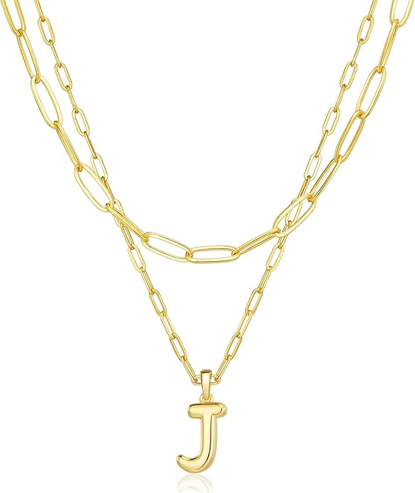 adoyi Gold Necklace for Women Layered Bubble Heart Letter Initial Necklaces for Women Trendy Jewelry 14K Gold Plated Chain Chunky Name Necklace Stack Charm A-Z Pendant Set Jewelry Gifts